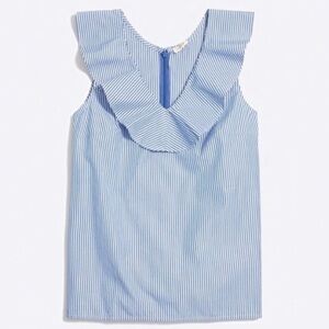 J.Crew Ruffle Neck Striped Top Blue White Cotton 0 XS Coastal Preppy Nautical